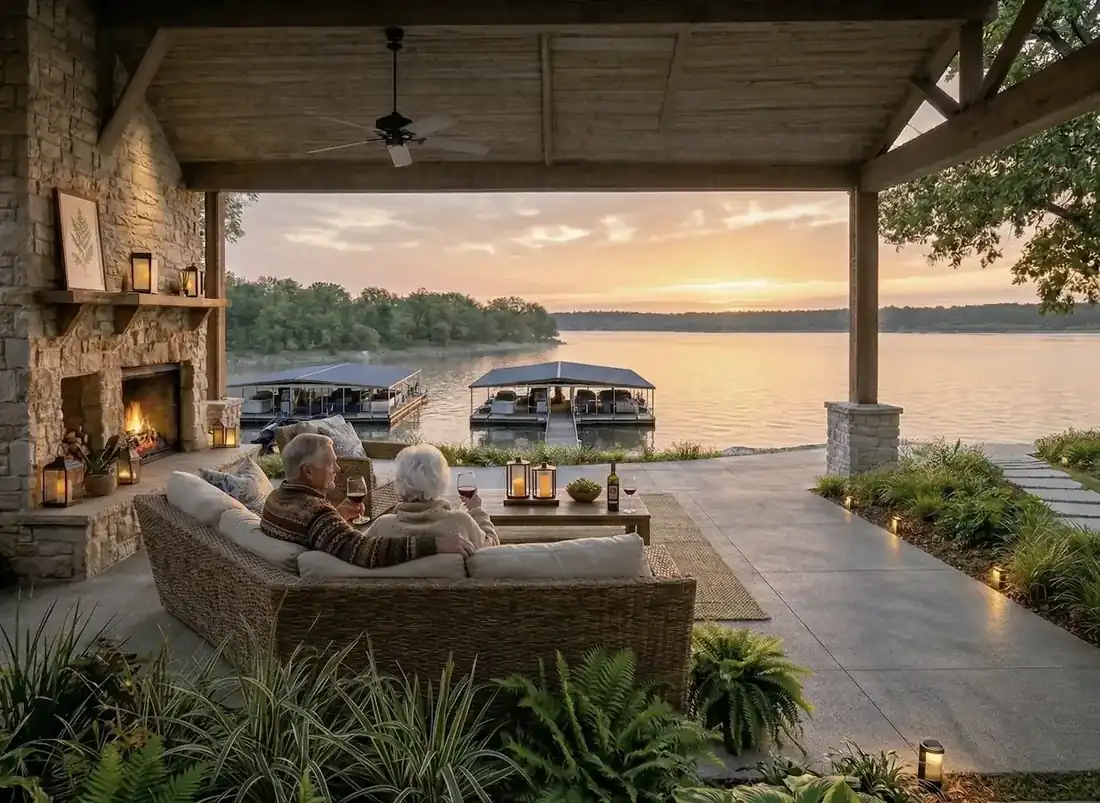 Couple relaxing on covered patio overlooking Watts Bar Lake and private boat docks at Tennessee National